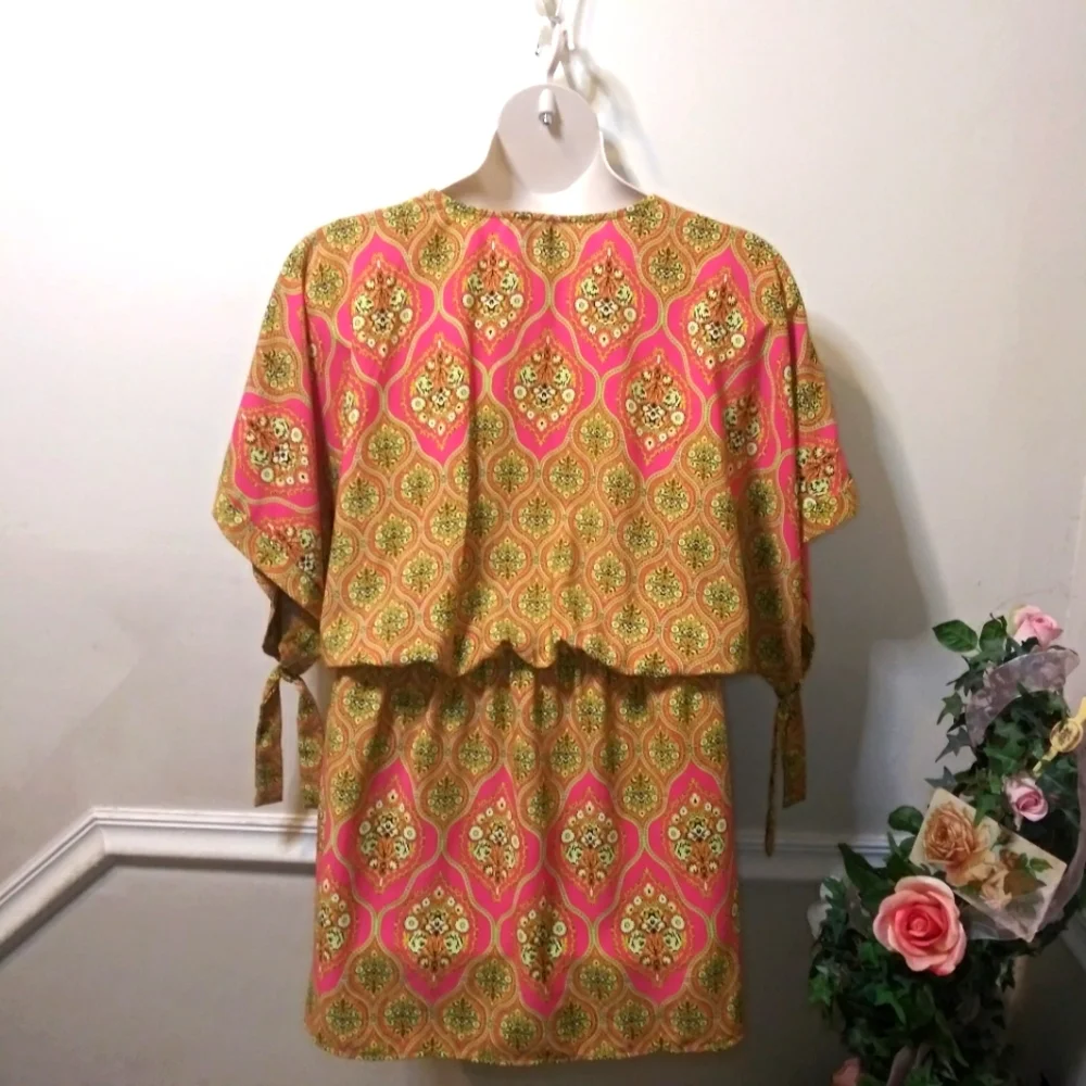 Moss Hot Pink & Lime Floral Boho Mini Dress/Swim Cover - Picture 5 of 8